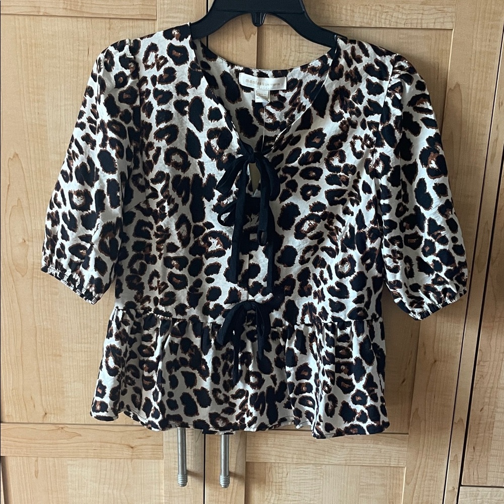 Monteau Leopard Tie-Front Peplum Blouse - Black & Brown
